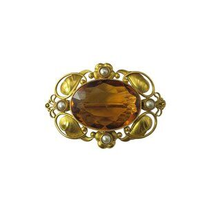 George Jensen #56 18K Yellow Gold Citrine and Seed Pearl Brooch/Pin #22690